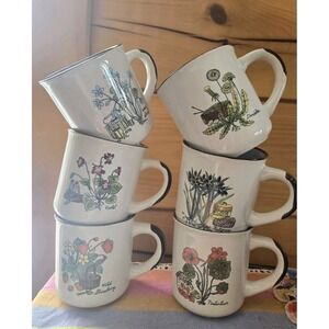 SOLD 6 herb mugs Strawberry violet dandelion sorrel nasturtium ceramic 1970s